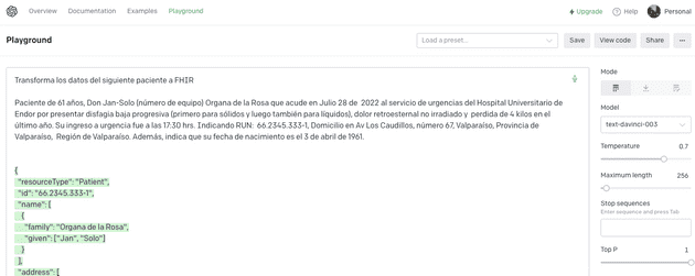 En PlayGround entregué los datos de un paciente y le pedí que me los transformara a FHIR