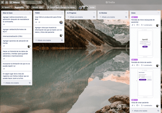 Tablero de trello con 5 columnas