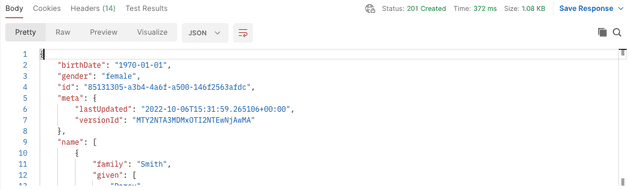 JSON de resultado de la operación, incluye el ID