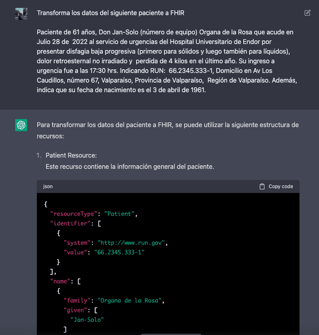 ChatGTP entrega un recurso FHIR a partir de un texto con información de paciente